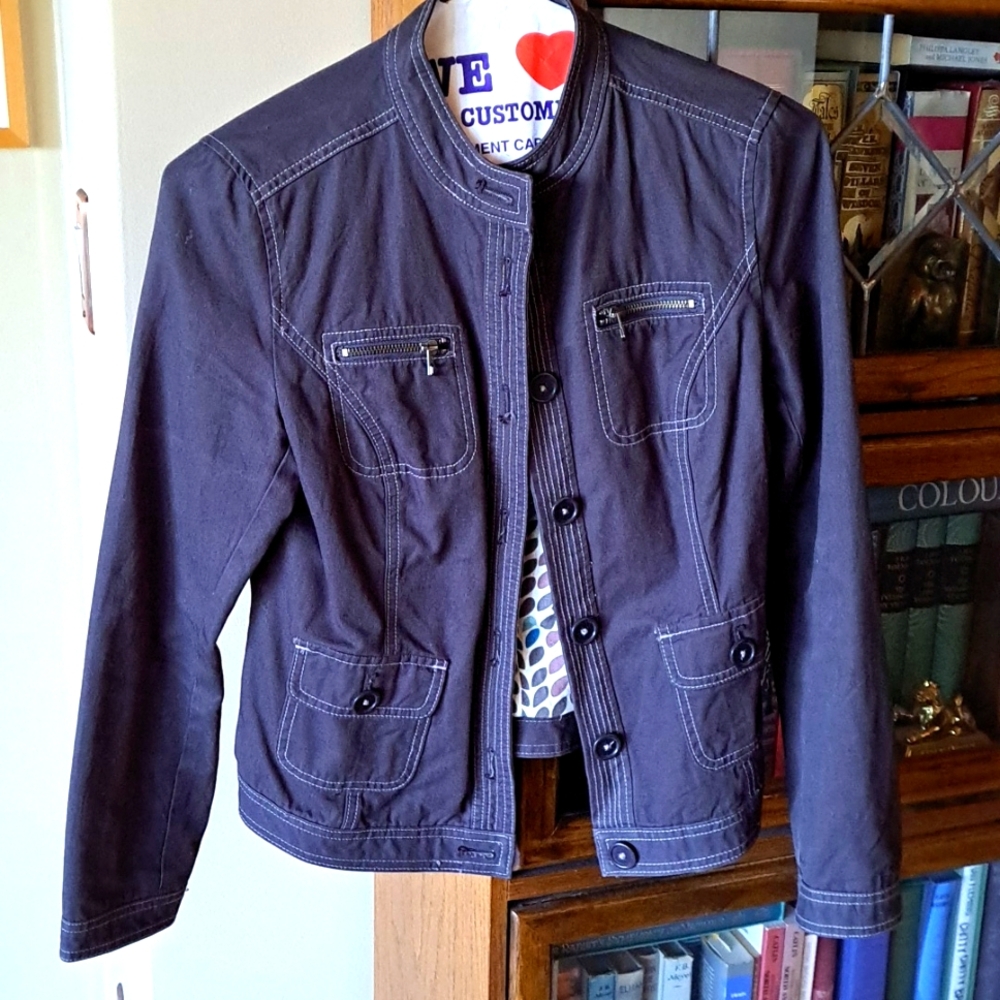 Size 6 Boden " Photographer's Jacket" in Black Cotton With White Stitch Detail